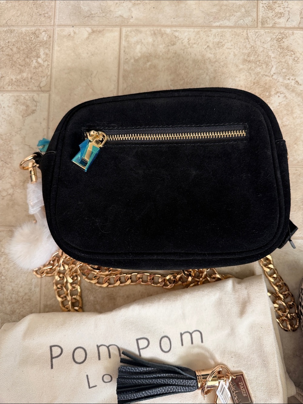 Pom Pom London Black Suede Crossbody with Gold Chain and Pom Charm - Picture 6 of 12
